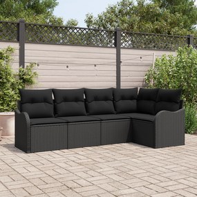 Conjunto de Sofá de Jardim de 5 Peças com Almofadas Preto Rattan Polié