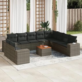11 pcs conjunto sofás de jardim c/ almofadões vime PE cinzento