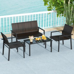 Conjunto de móveis jardim de 4 peças com estrutura metálica galvanizada robusta em vime Castanho