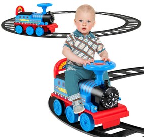 Comboio de 6V com 16 peças de carris para crianças com luzes e sons Pedais retrácteis para crianças com mais de 3 anos Azul Escuro