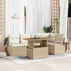 Conjunto de Sofá de Jardim vidaXL de 6 Peças com Almofadas Bege Polirattan Acácia