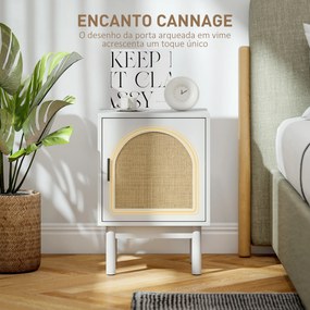 Mesa de Cabeceira com Porta de Vime Prateleira Ajustável e Pés de Madeira Estilo Boémio Mesa Auxiliar 40x35x58 cm Branco