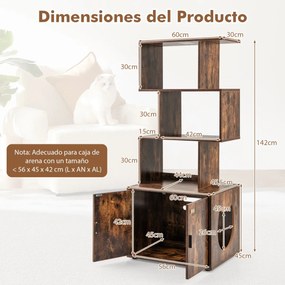 Armário caixa areia de gatos com 3 Estantes Portas de entrada lateral 60 x 45,5 x 142 cm Castanho
