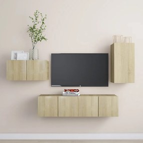 4 pcs conjunto de móveis TV derivados madeira carvalho sonoma