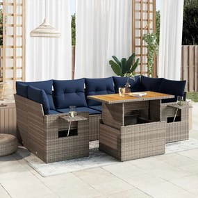 7 pcs conjunto sofás p/ jardim c/ almofadões vime PE cinzento