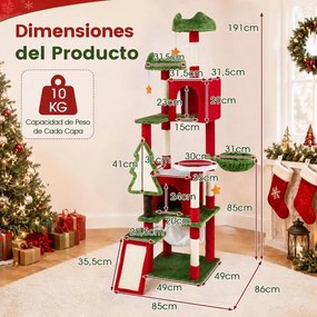 Árvore para Gatos em Forma de Árvore de Natal, 86 x 85 x 191 cm, 6 Níveis, Vermelho+Verde