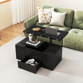 Mesa de centro elevável conversível em mesa de jantar para 4 pessoas com 4 bancos 3 em 1 extensível com e gaveta Preta