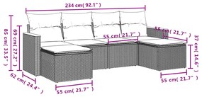 6 pcs conjunto sofás de jardim com almofadões vime cinzento