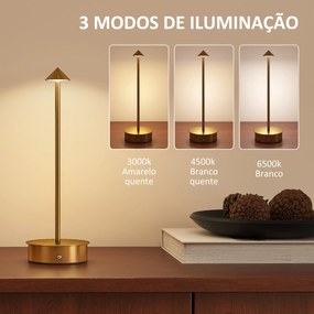 Conjunto de 2 Candeeiros de Mesa Recarregáveis por USB Reguláveis com Controlo Táctil 3000K/4500K/6500K Ø10x30 cm Dourado