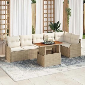 Conjunto de Sofás de Jardim vidaXL de 7 Peças com Almofadas Bege Polirattan Acácia