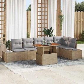 vidaXL Conjunto de Jantar de Jardim com 7 Peças e Almofadas Bege, em Rattan Sintético e Madeira de Acácia