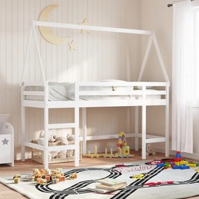 vidaXL Cama alta c/ escada e telhado 90x190 cm pinho maciço branco