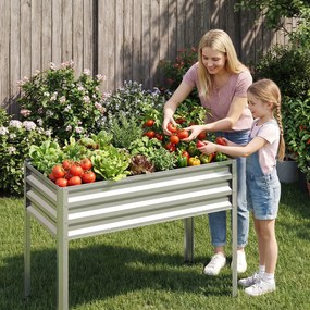 Floreira Elevada de Metal 112 x 55 x 81 cm com Revestimento Eletroforético e Drenagem para Legumes, Flores e Frutas - Prateada
