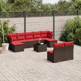vidaXL 10 pcs conj. sofás jardim com almofadões vime PE castanho
