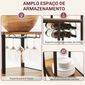 Conjunto de Mesa e Bancos de Bar Mesa Alta de Cozinha com 2 Bancos Laterais Rebatíveis Suporte para Vinhos e Prateleiras Castanho e Preto