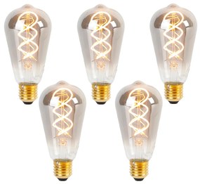 Conjunto de 5 lâmpadas LED E27 reguláveis filamento torcido ST64 fumê 120lm 1800K