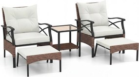 Conjunto de móveis jardim de vime de 5 peças com pufes, almofadas e mesa auxiliar de vidro temperado de 2 níveis para jardim, varanda, Castanho e Bege