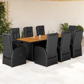 vidaXL 9 pcs conjunto de jantar p/ jardim c/ almofadões vime PE preto