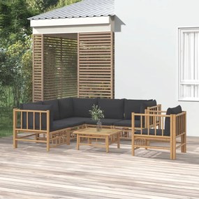vidaXL 7pcs conj. lounge de jardim bambu c/ almofadões cinzento-escuro