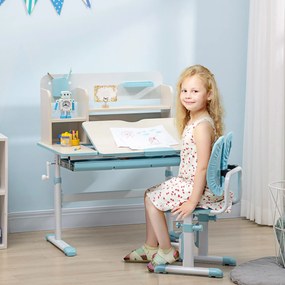 Conjunto de Secretária e Cadeira para Crianças com Altura Ajustável Gaveta  e Bancada Inclinável 80x52x88-109 cm Azul e Branco