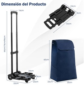 Carrinho de compras duplo portátil com bolsa removível 2 rodas ABS flexíveis para transporte de bagagem azul escuro