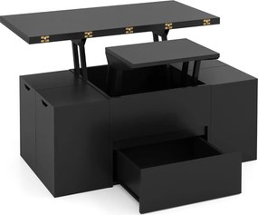 Mesa de centro elevável conversível em mesa de jantar para 4 pessoas com 4 bancos 3 em 1 extensível com e gaveta Preta