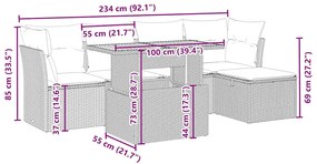 6 pcs conjunto de sofás p/ jardim com almofadões vime PE bege