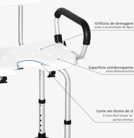 Cadeira para Duche Antiderrapante com Altura Ajustável de 6 Níveis e Apoio para os Braços Regulável 54x52x70-82cm Branco