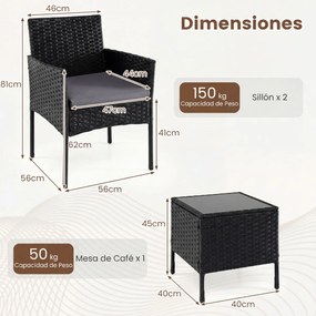 Conjunto de móveis de jardim de 3 peças em rattan com 2 cadeiras e Mesa auxiliar de vidro para terraço, pátio ou varanda Cinzento+Preto
