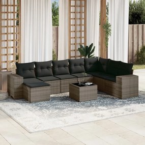 9 pcs conjunto sofás p/ jardim com almofadões vime PE cinzento