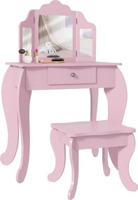 Toucador Infantil de Madeira com Banco e Espelho de Acrílico de 2 Seções Mesa de Maquilhagem Infantil 63x40x85,5 cm Rosa