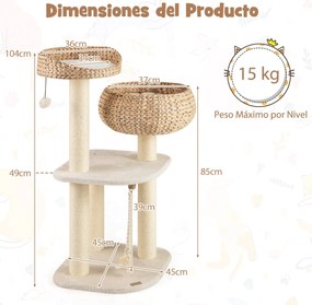 Arranhador para gatos com poleiros 45 x 45 x 104 cm, camas em forma de cesta, bola pendurada, corda e paus para arranhar  Branco