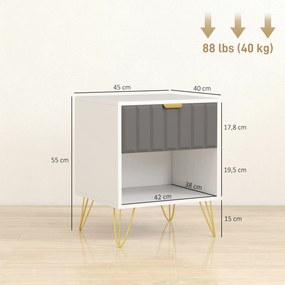 Mesa de cabeceira 45 x 40 x 55, mesa auxiliar com compartimento aberto, gaveta e puxador, pés em aço, branca