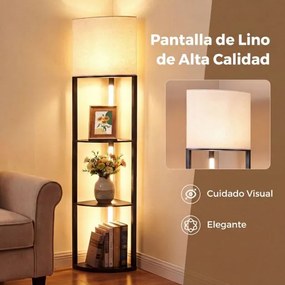 Candeeiro de pé moderno com prateleiras de 3 níveis Luzes LED reguláveis Abajur de linho Interruptor de pé para sala de estar ou quarto Preto