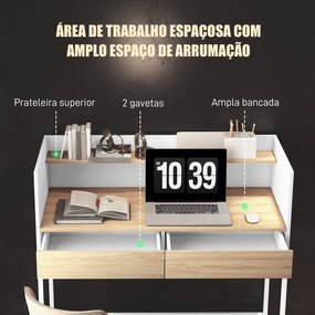 HOMCOM Secretária Moderna Mesa de Escritório com 2 Gavetas e Prateleir