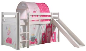 Conjunto Cama alta de Criança PINO 90 x 200 cm + estrado + escada + escorrega + cortina + túnel Princesa branca