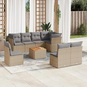 9 pcs conj. sofás jardim c/ almofadões vime PE bege misturado