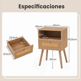 Conjunto de 2 Mesas de Cabeceira com Gaveta em Ratan, 40 x 30 x 60,5 cm, Pernas de Madeira Maciça, cor Madeira
