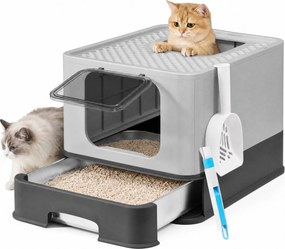 Caixa de areia gatos com gaveta 54,3 x 42,5 x 37,8 cm, caixa de areia em aço inoxidável, 2 entradas cinzento antracite