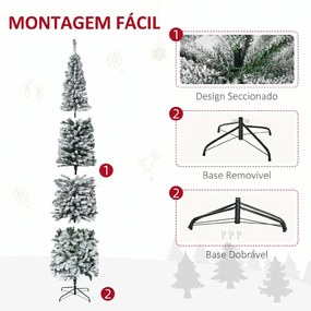 Árvore de Natal Estreita 270 cm com Efeito Neve, 1014 Ramos e Suporte Metálico, Verde e Branco