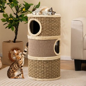 Cama para gatos de 3 andares multinível de 70 cm com arranhador de sisal Cama acolchoada para sestas Torre em forma de árvore Castanho
