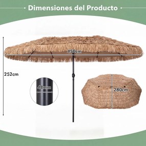 Guarda-sol Duplo para Jardim, 450 x 270 x 252 cm, Cobertura de Palha de PE, Castanho
