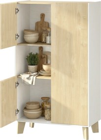 Aparador de sala 80 x 40 x 135 cm, móvel de arrumação com 6 compartimentos e portas com fecho amortecido, branco e cor natural