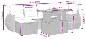 7 pcs conjunto sofás p/ jardim c/ almofadões vime PE cinzento