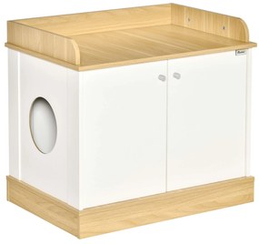 PawHut Casa para Gatos de Madeira Móvel Caixa de Areia para Gatos 2 em 1 com Bancada de Armazenamento Dupla Porta e Orifício de Entrada Lateral 75x53x67cm Branco e Carvalho