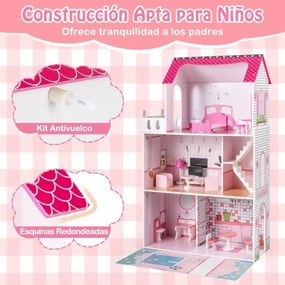 Casa de bonecas de madeira 74,5 x 34 x 120,5 cm com 18 peças de mobiliário e escada rosa