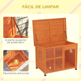 Casota para Cães de Exterior para Cães Pequenos Médios com Teto Asfáltico 2 Janelas Porta com Cortina Transparente e Base Amovível 90x62x71 cm Madeira