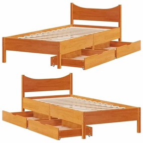 Estrutura de cama c/ gavetas 90x200cm pinho maciço castanho-mel