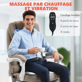 Cadeira de escritório executiva com função de massagem e aquecimento, altura ajustável, encosto reclinável, em tecido de linho bege
