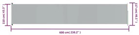 Toldo lateral retrátil para pátio 117x600 cm cinzento